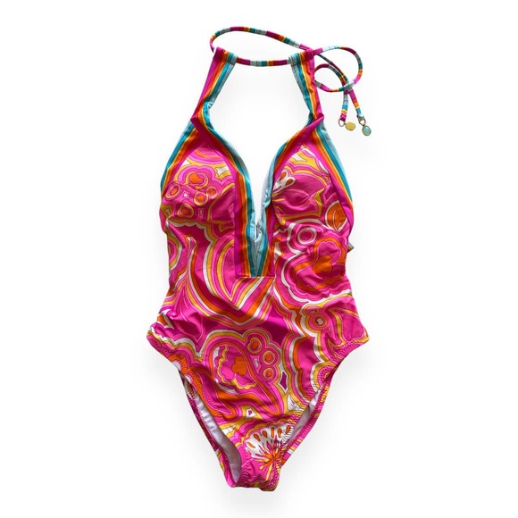 NEW Trina Turk Morning Sunrise Plunge One-Piece Swimsuit Pink Orange Halter Sz 4 - Picture 2 of 9